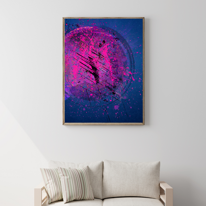 "Modern abstract painting in a home decor mockup, highlighting its vibrant colors and striking movement within a contemporary space