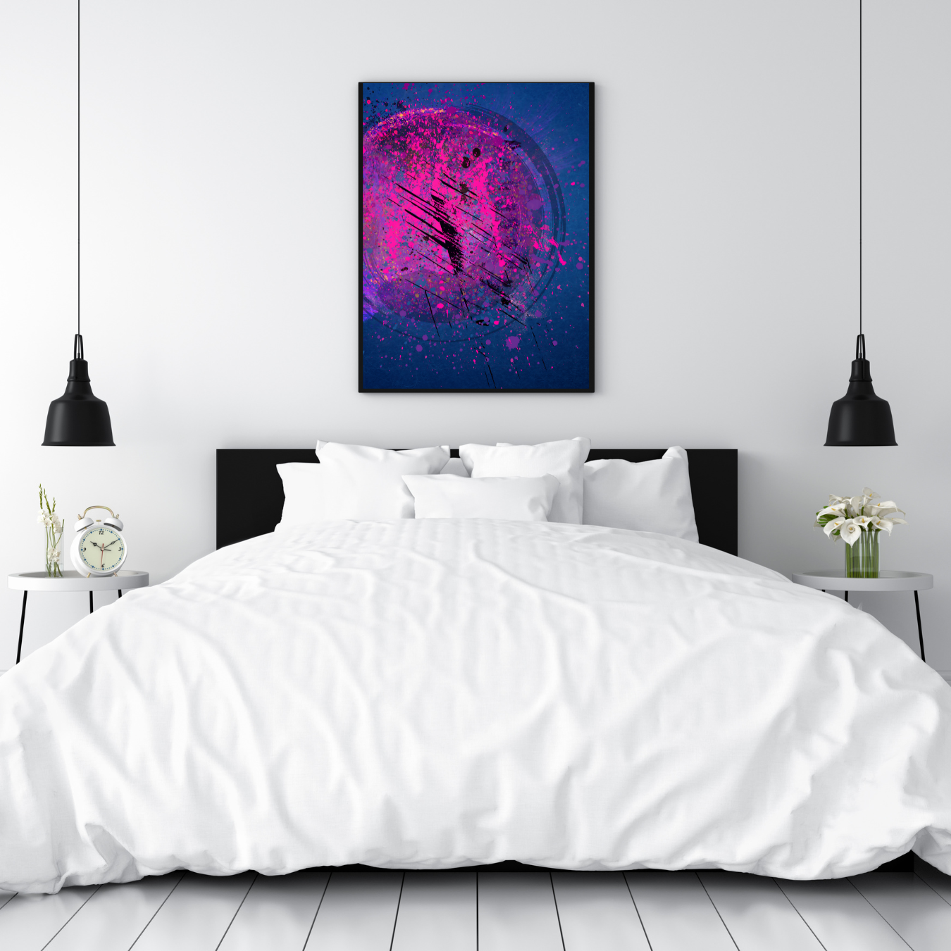 Large statement canvas print with cosmic energy-inspired abstract design, adding a vibrant touch to a contemporary loft interior