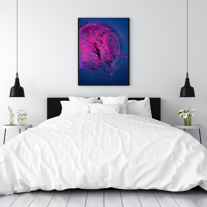 Large statement canvas print with cosmic energy-inspired abstract design, adding a vibrant touch to a contemporary loft interior