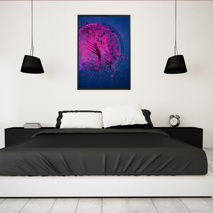 Modern abstract painting in a minimalist home office, showcasing expressive brush strokes and splatter art in pink, purple, and blue hues