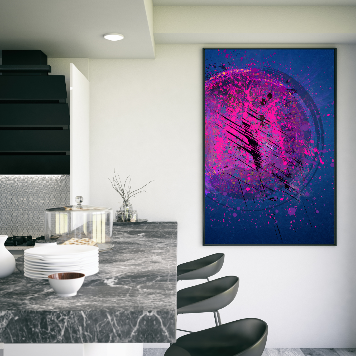 Urban-style abstract artwork on canvas, hanging in a stylish apartment with industrial decor and a neutral color palette