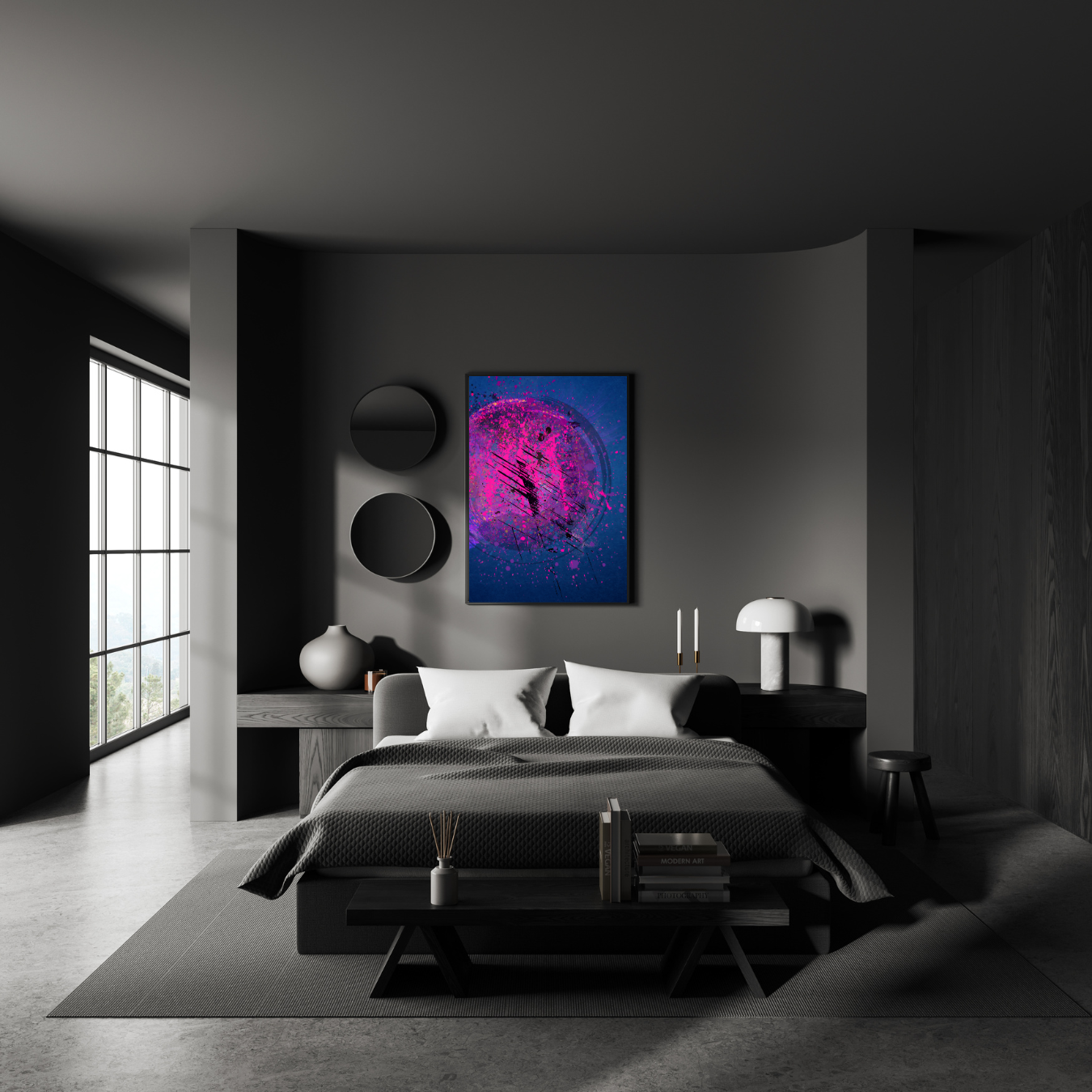 Vibrant pink and purple abstract print in a sleek gallery setting, enhancing the artistic atmosphere with bold brush strokes and cosmic-inspired textures