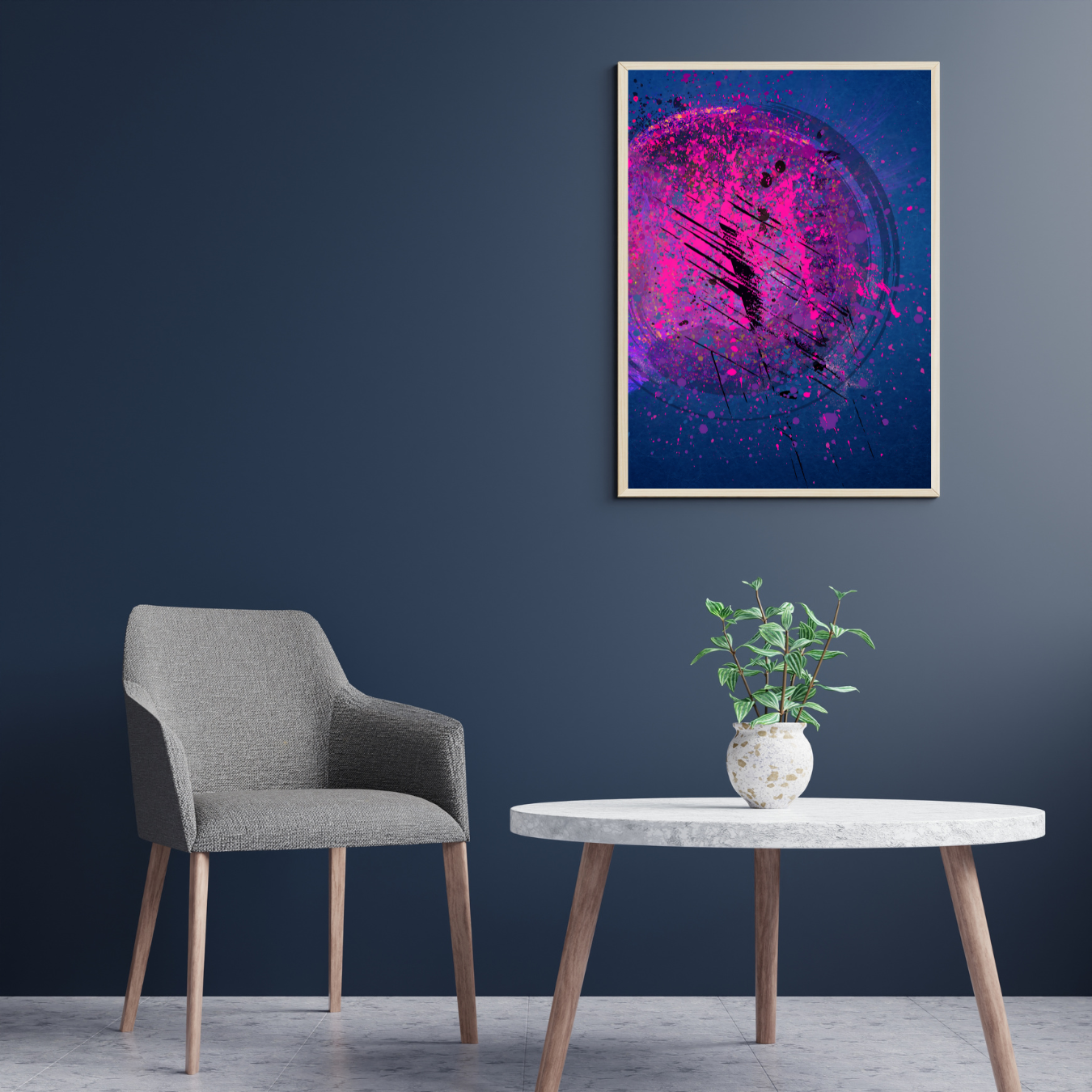 "Contemporary abstract art in a modern bedroom, featuring bold splatter effects and deep colors for a dynamic focal point."