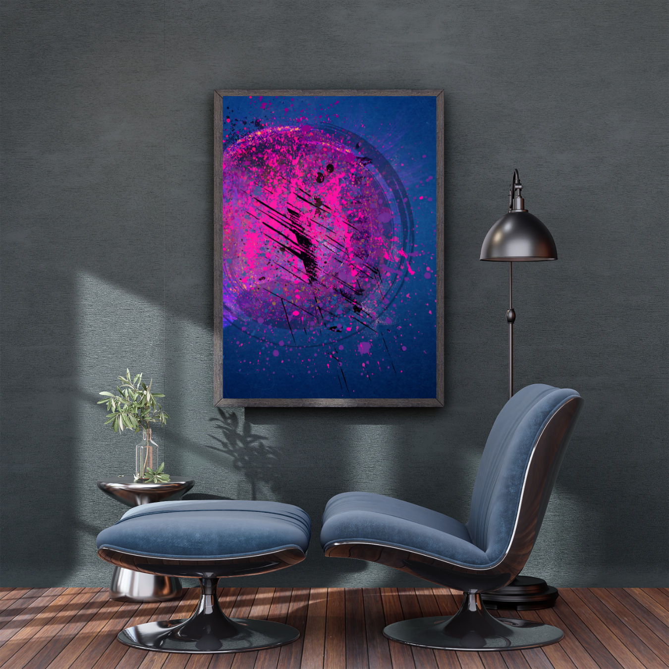 Cosmic-inspired large wall art in a creative studio, bringing artistic expression and vibrant energy to the workspace.