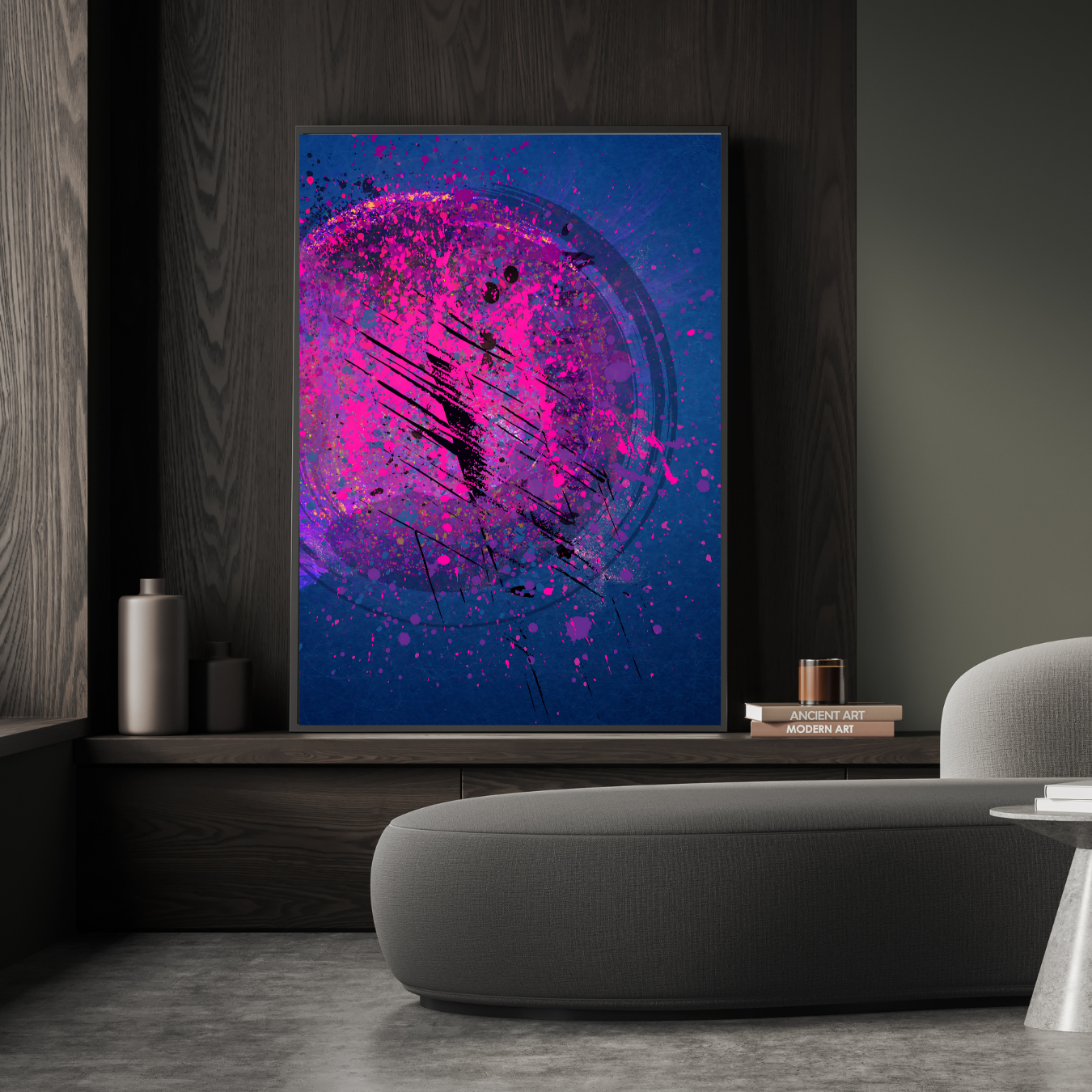 Graffiti-style abstract canvas print displayed above a modern sofa, blending urban aesthetics with expressive brushwork.