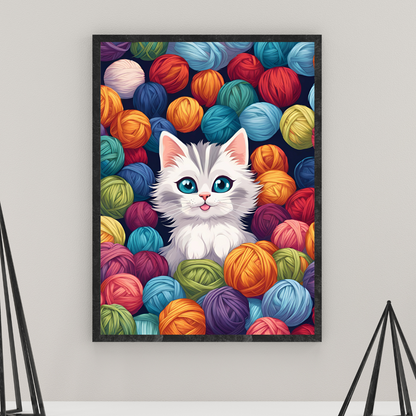 Canvas print on a wall with charming kitten and colorful yarn and wool balls, perfect for home decor.