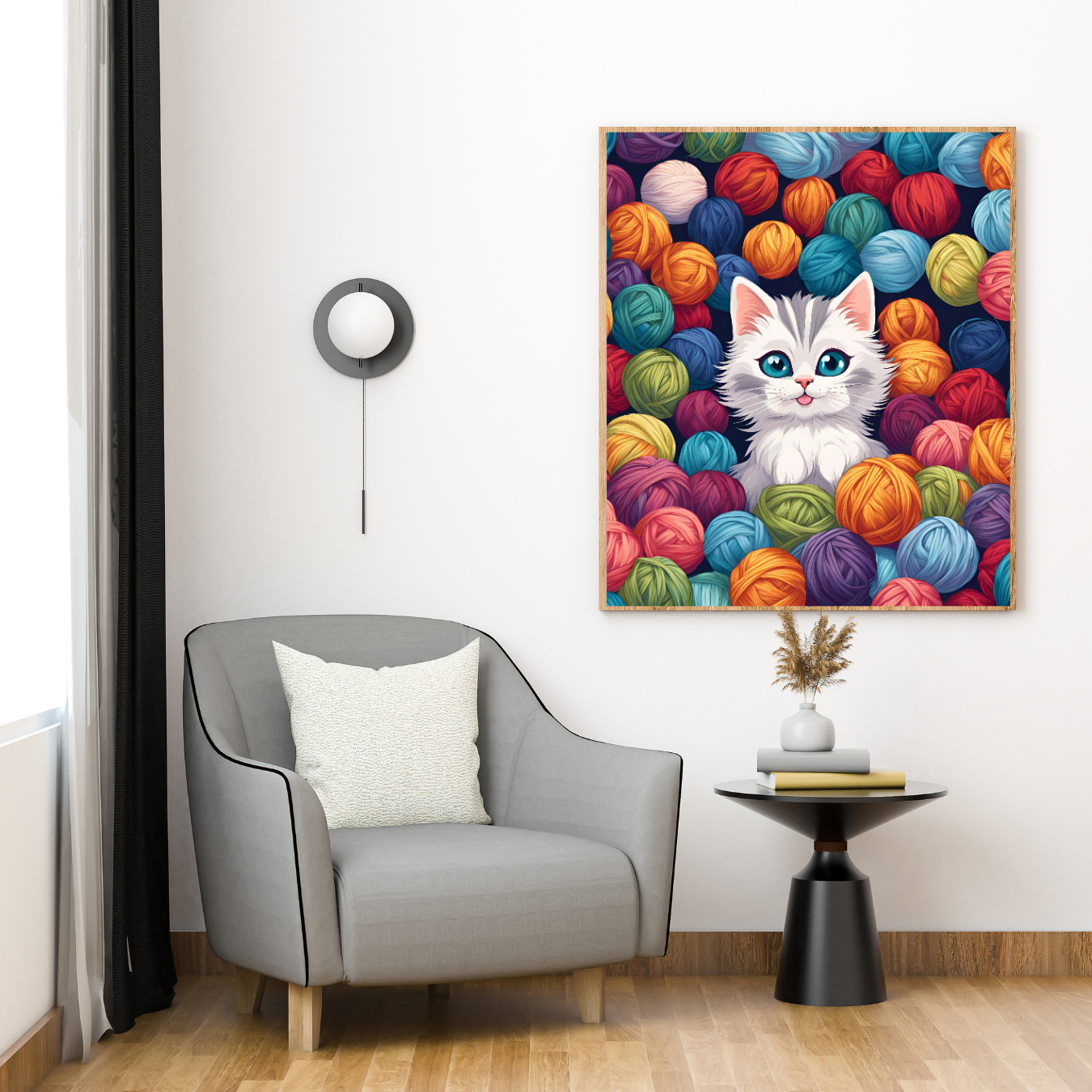 Vibrant and whimsical kitten image with colorful wool balls on a landscape canvas print