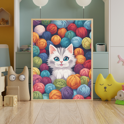 A canvas art in a kid room with an image of a cute kitten surrounded by colorful yarn and wool balls