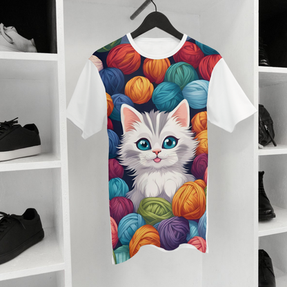 Whimsical kitten surrounded by yarn, adding a touch of fun to your wardrobe.