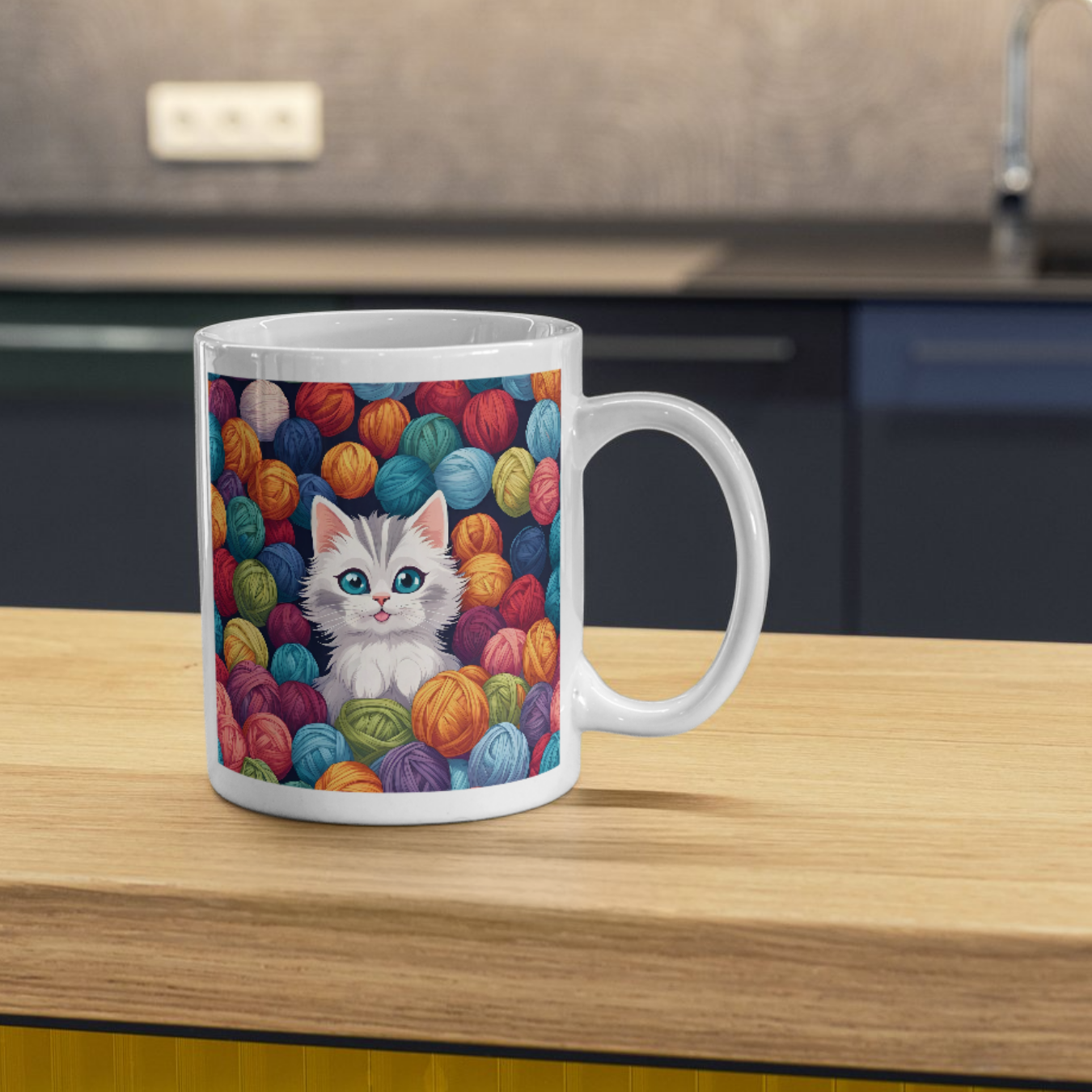 Adorable kitten surrounded by colorful yarn balls on a mug, perfect mug design for cat lovers.