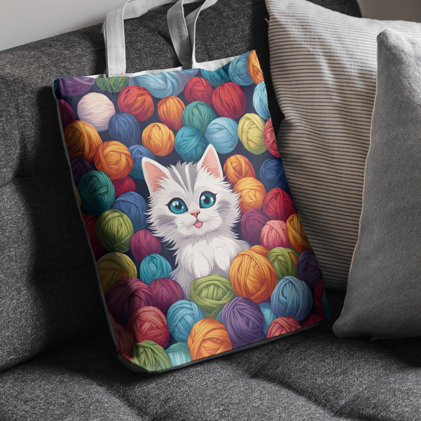 Fun kitten image surrounded by yarn on a tote bag, perfect for carrying essentials