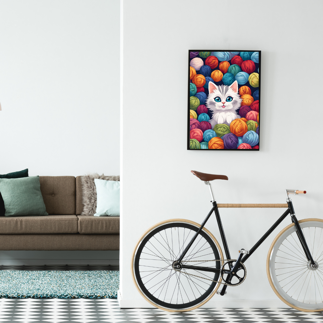 Playful kitten art with colorful yarn balls on a canvas, bringing a whimsical touch to wall space