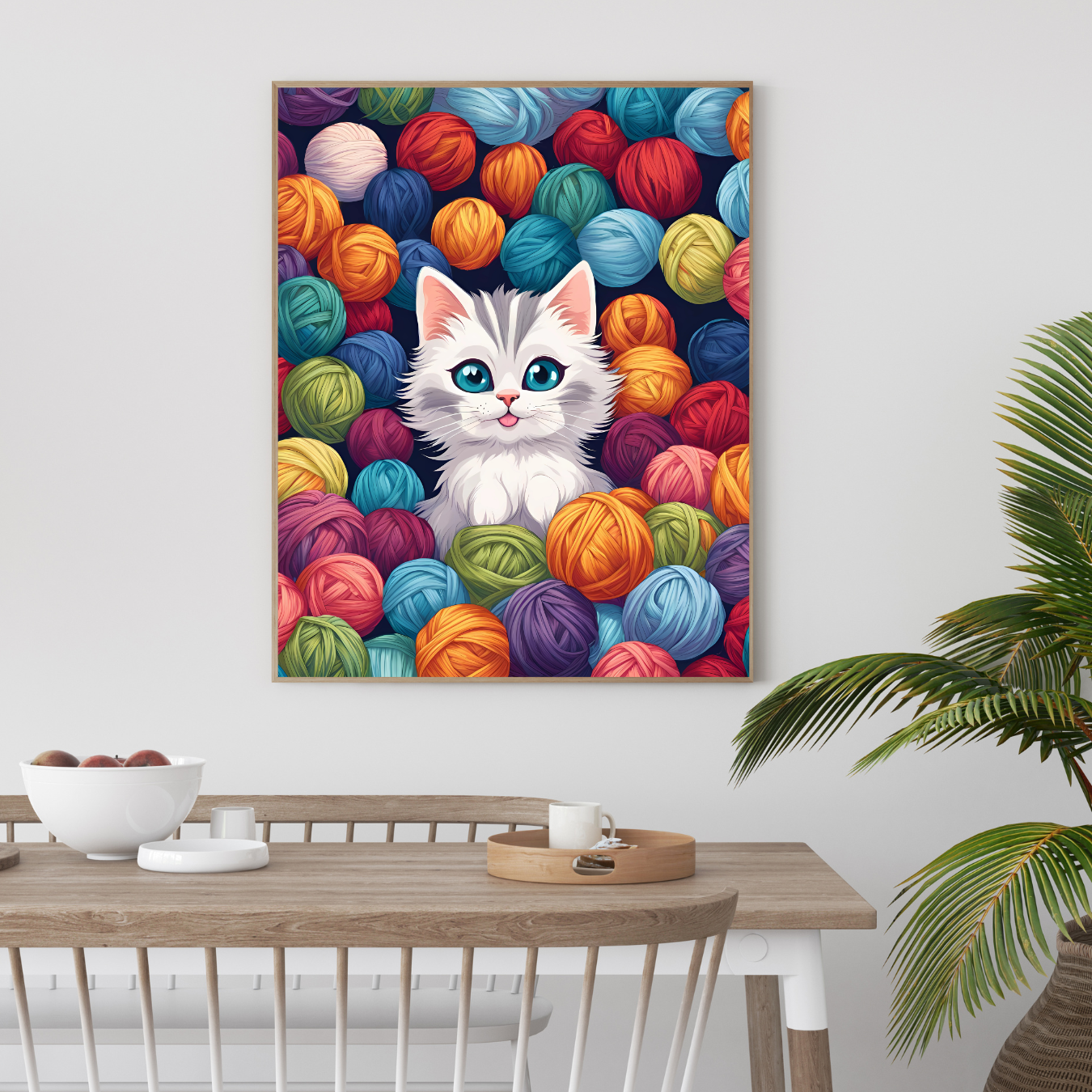 Adorable kitten framed print surrounded by vibrant yarn on a vertical canvas print, in a dining room 