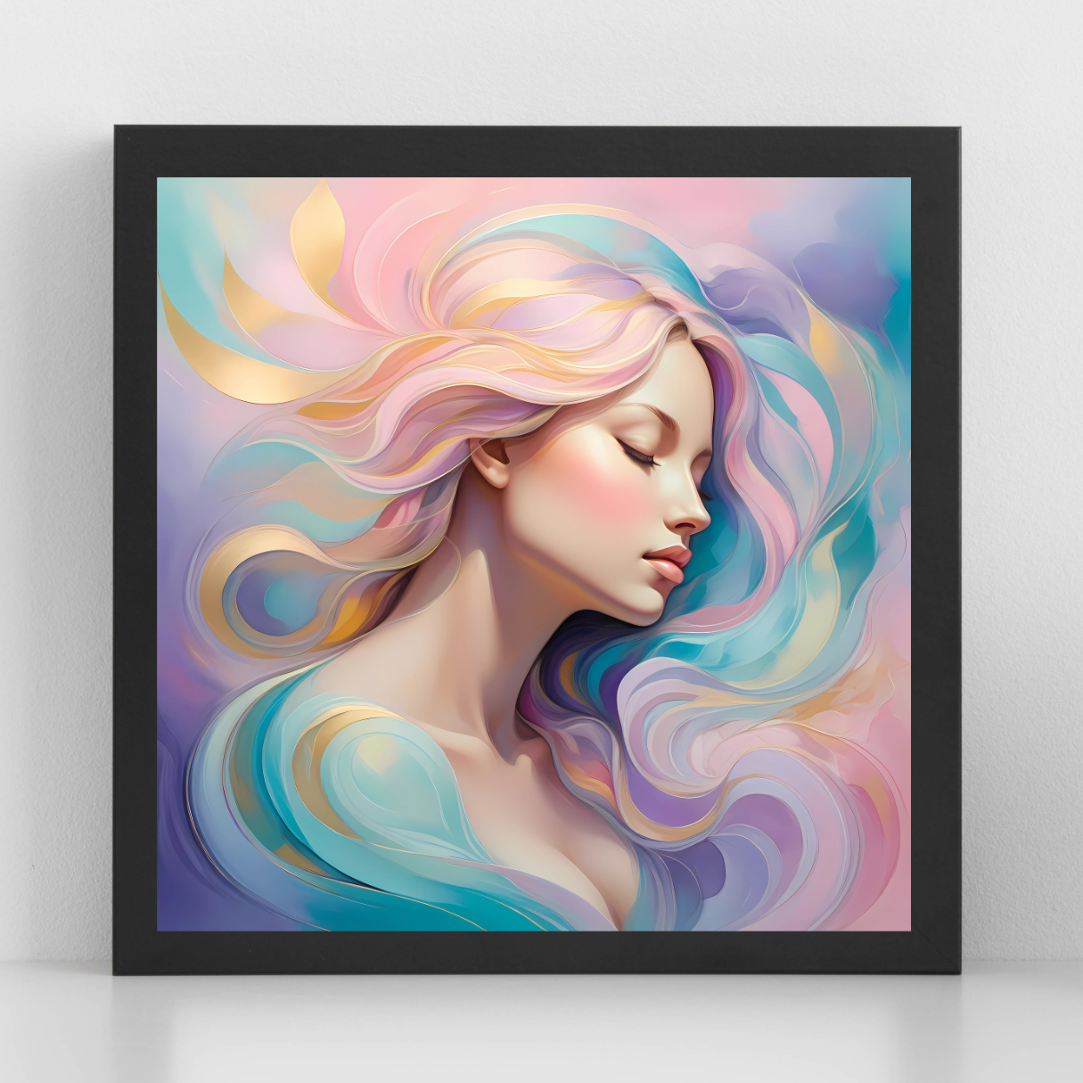 Ethereal divine feminine wall art canvas with pastel hues and flowing celestial hair