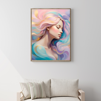 Healing art wall décor with a soft, ethereal woman portrait for relaxation spaces