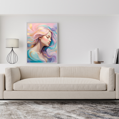 Goddess-inspired boho wall art with flowing hair and soothing pastel tones