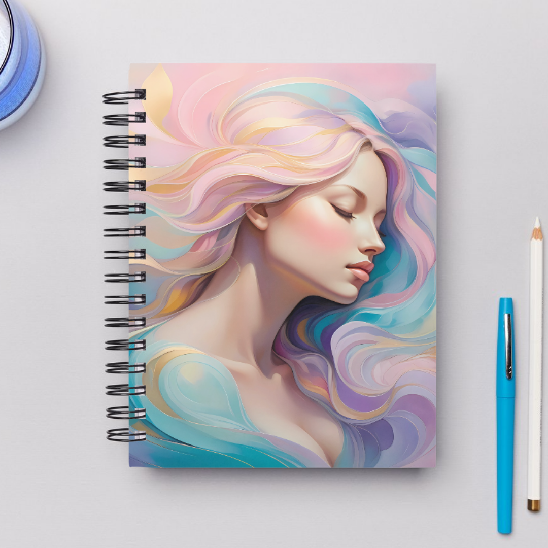 Aesthetic feminine notebook with ethereal goddess-inspired cover art