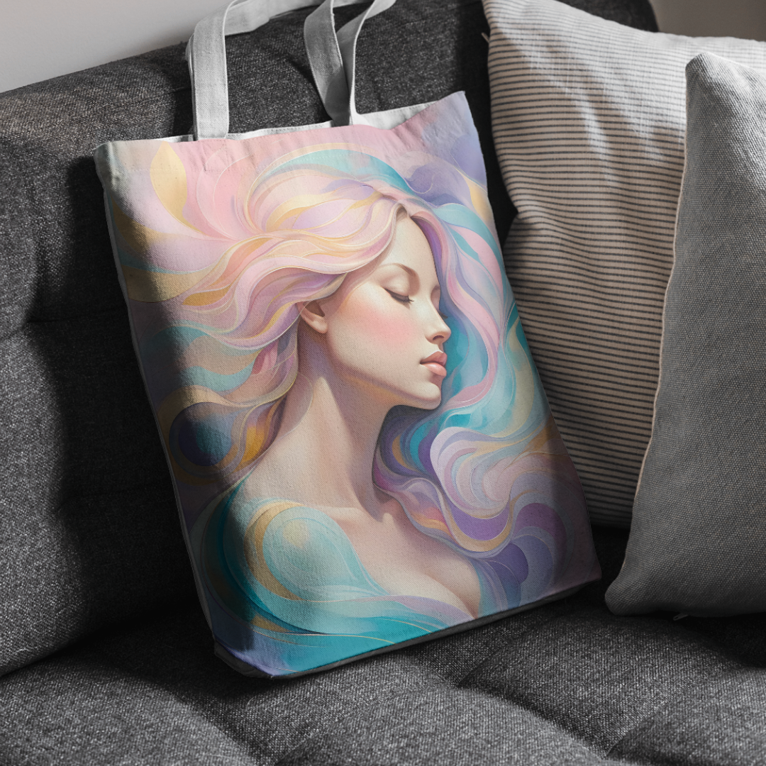 Divine feminine tote bag with celestial woman artwork and boho-inspired design