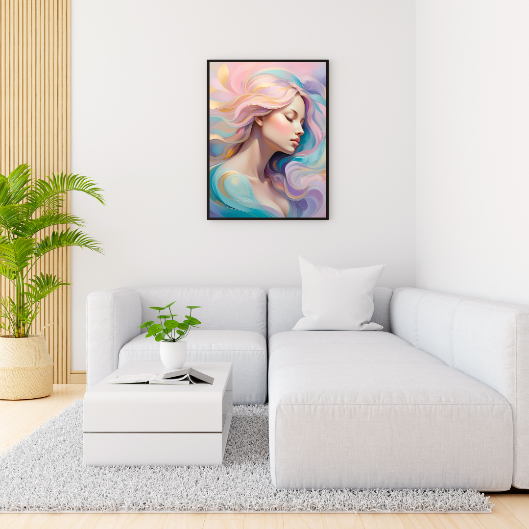 Modern spiritual canvas print featuring a dreamy celestial woman portrait