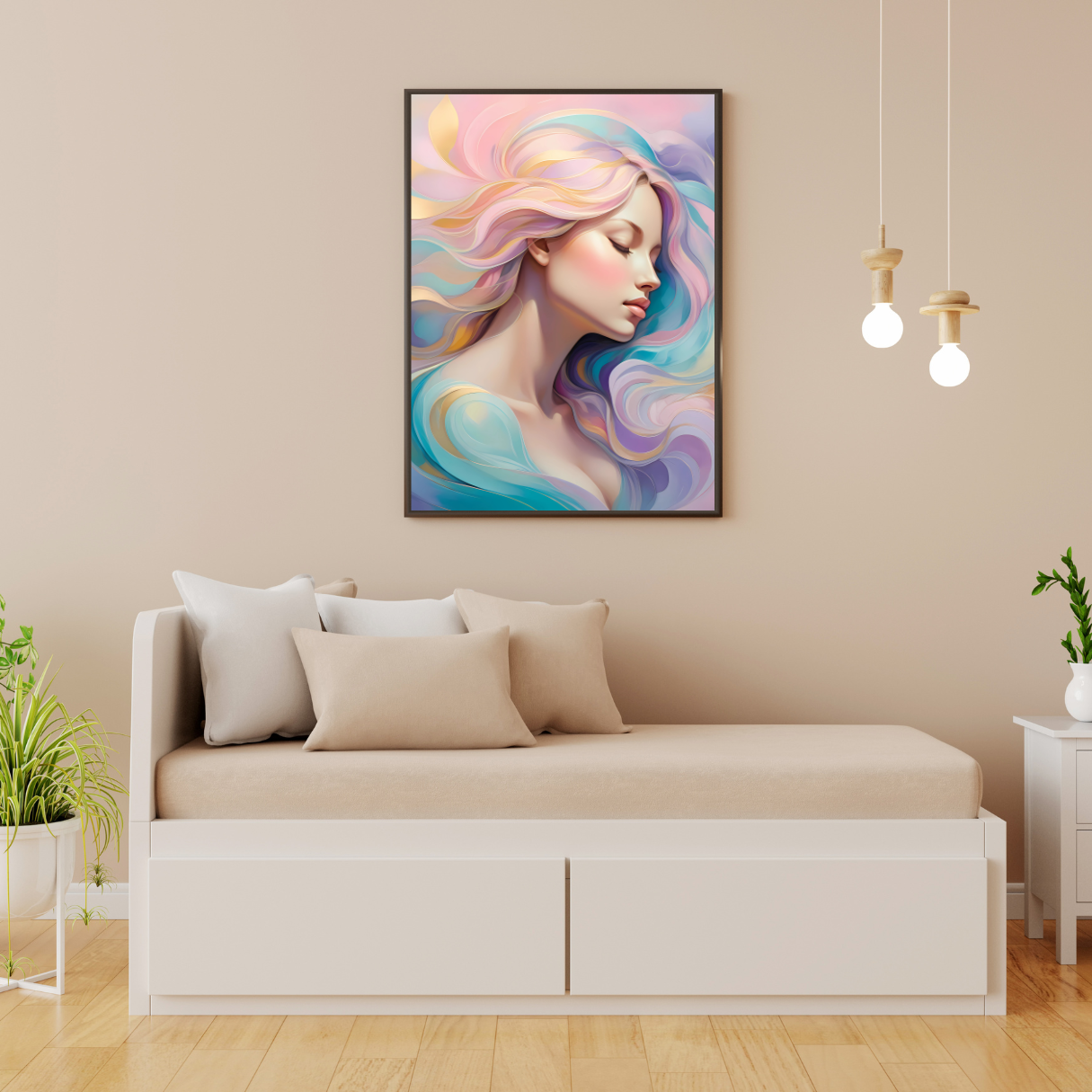 Goddess energy canvas print featuring a serene woman in dreamy pastel colors