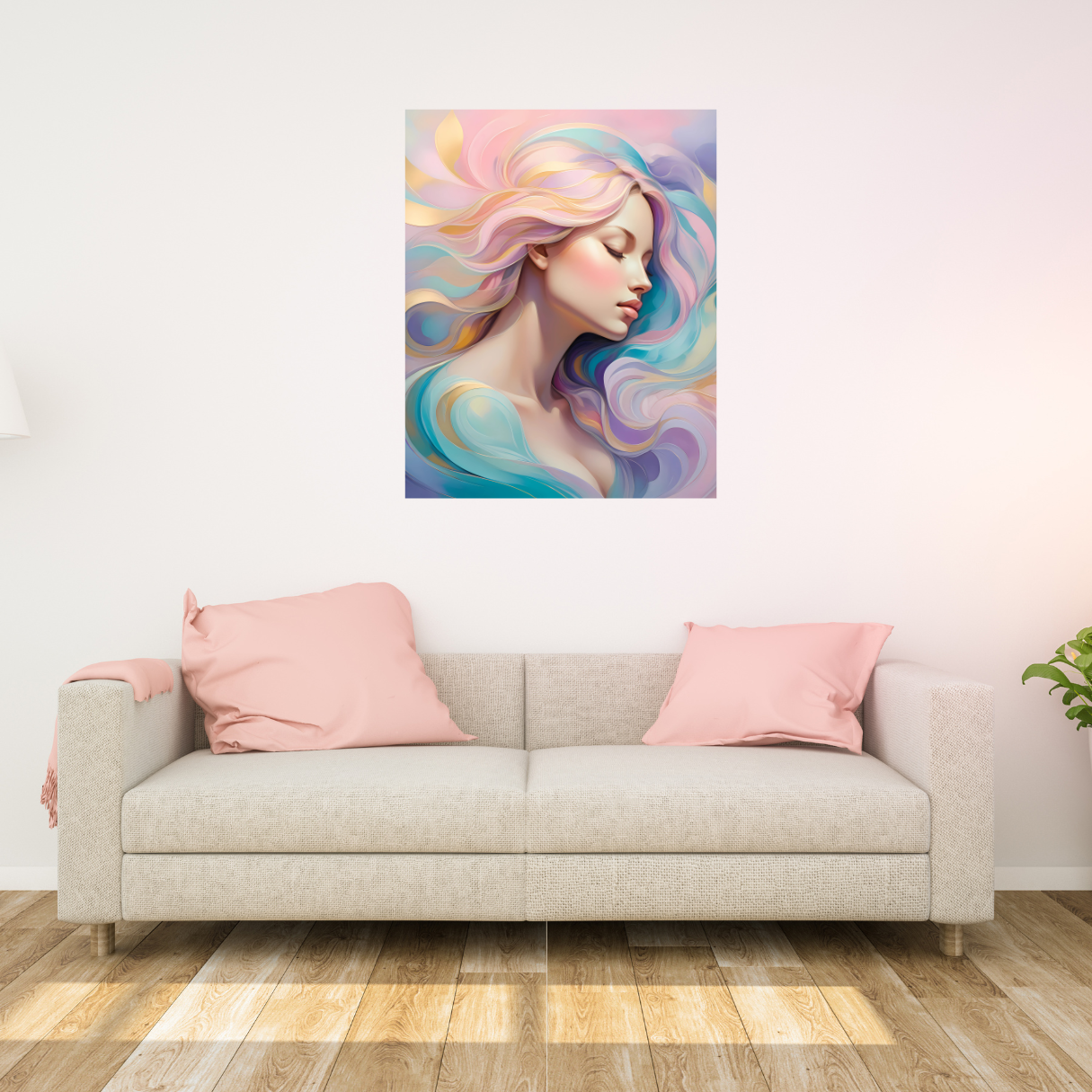 Serene celestial woman wall art print, ideal for yoga studio and self-care spaces