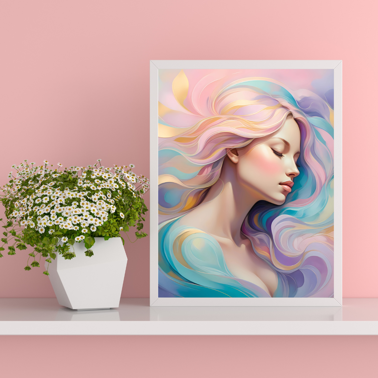 Digital artwork of a peaceful goddess, printed on high-quality canvas