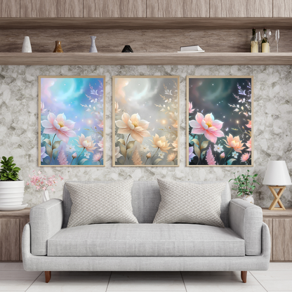 A luxurious and mystical floral artwork, combining historical Rococo influences with soft pastel dreamscape aesthetics