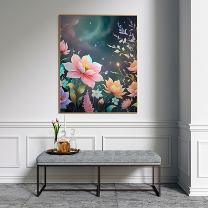 Elegant vertical canvas print of a celestial floral fantasy, bringing a magical, dreamy ambiance to any wall