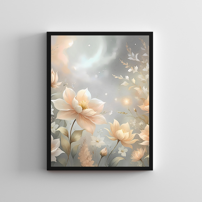 Soft yet striking botanical fantasy wall art, merging the grandeur of Rococo revival with modern artistic expression