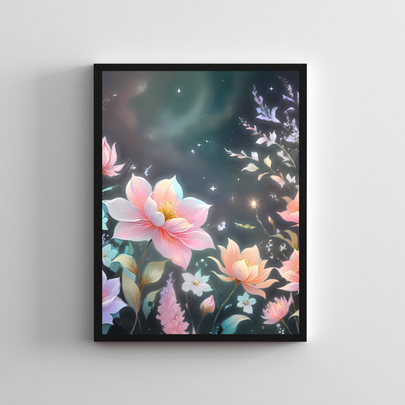 Romantic floral fantasy digital print featuring celestial pastels and ornate botanical details in a Rococo-inspired style