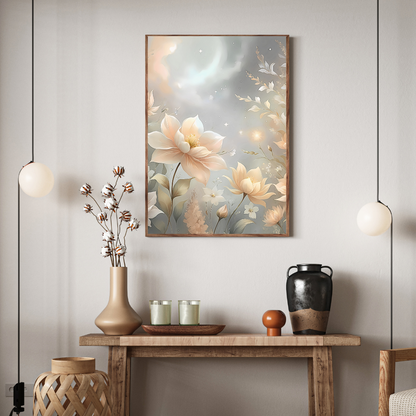 Whimsical flowers with soft light and celestial accents, designed in the style of Rococo revival and contemporary art.