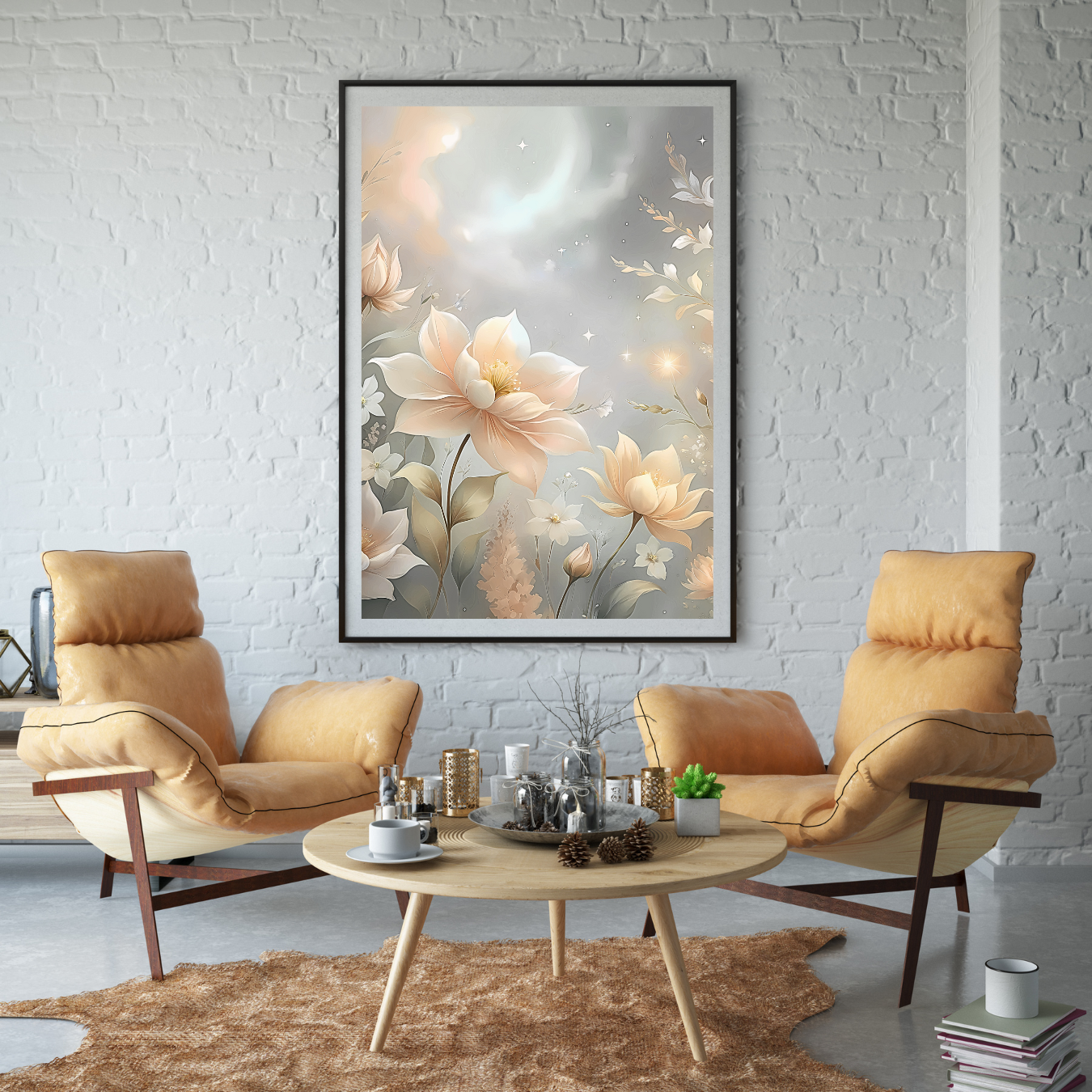 Surreal botanical wall art featuring pastel flowers and glowing stars, perfect for fantasy lovers