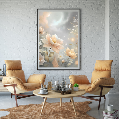 Surreal botanical wall art featuring pastel flowers and glowing stars, perfect for fantasy lovers