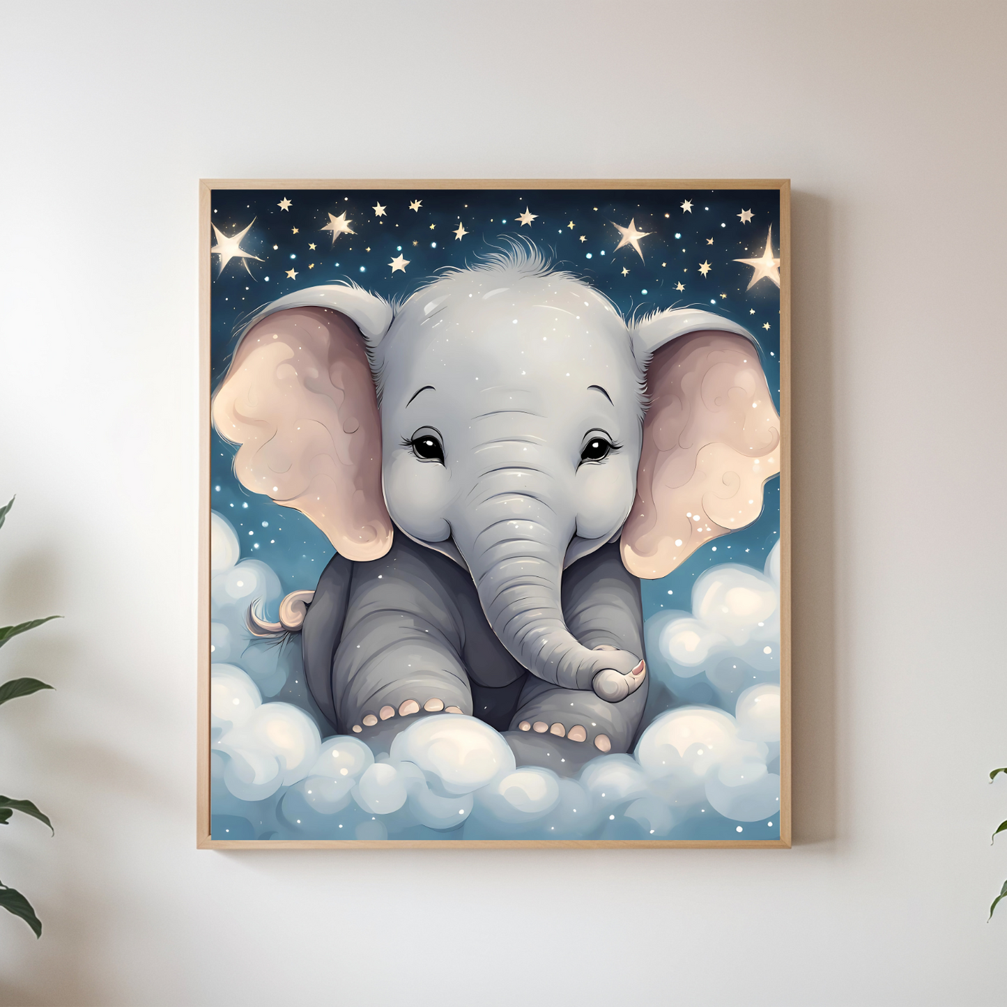 Dreamy baby elephant in a magical night sky on a canvas print