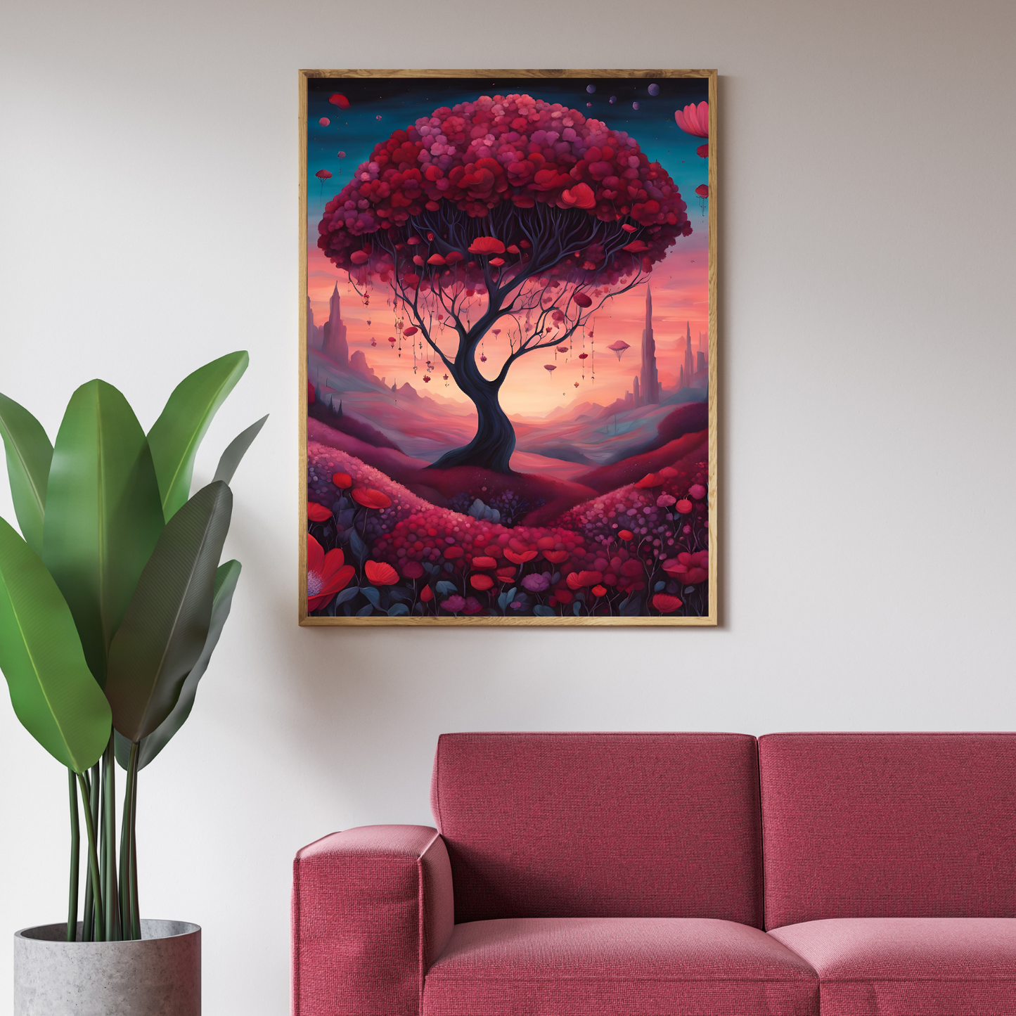 Enchanted red tree on a vertical canvas, blending fantasy and nature in a surreal dreamscape artwork