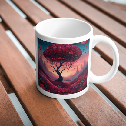 "Enchanting red tree fantasy art on a coffee mug – a mystical and dreamy design perfect for nature and fantasy lovers."