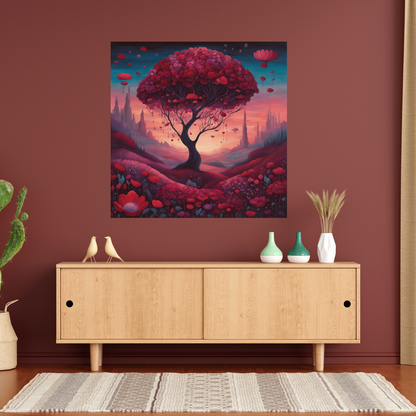 Ethereal enchanted tree with glowing red foliage and a mystical sunset sky – a breathtaking fantasy canvas print