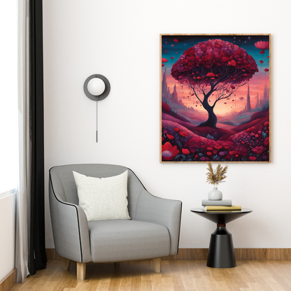 Ethereal fantasy landscape with a vibrant crimson tree and floating petals at sunset – surreal dreamlike wall decor for mystical art lovers