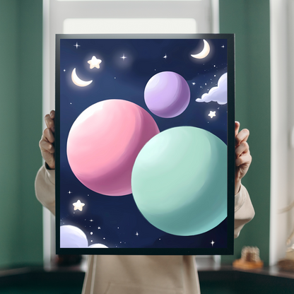 Whimsical Floating Pastel Planets Canvas Print - Soft Pastel Celestial Design