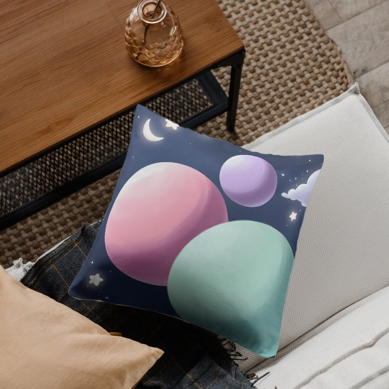 Whimsical Floating Pastel Planets Pillow with Soft Stars and Moons