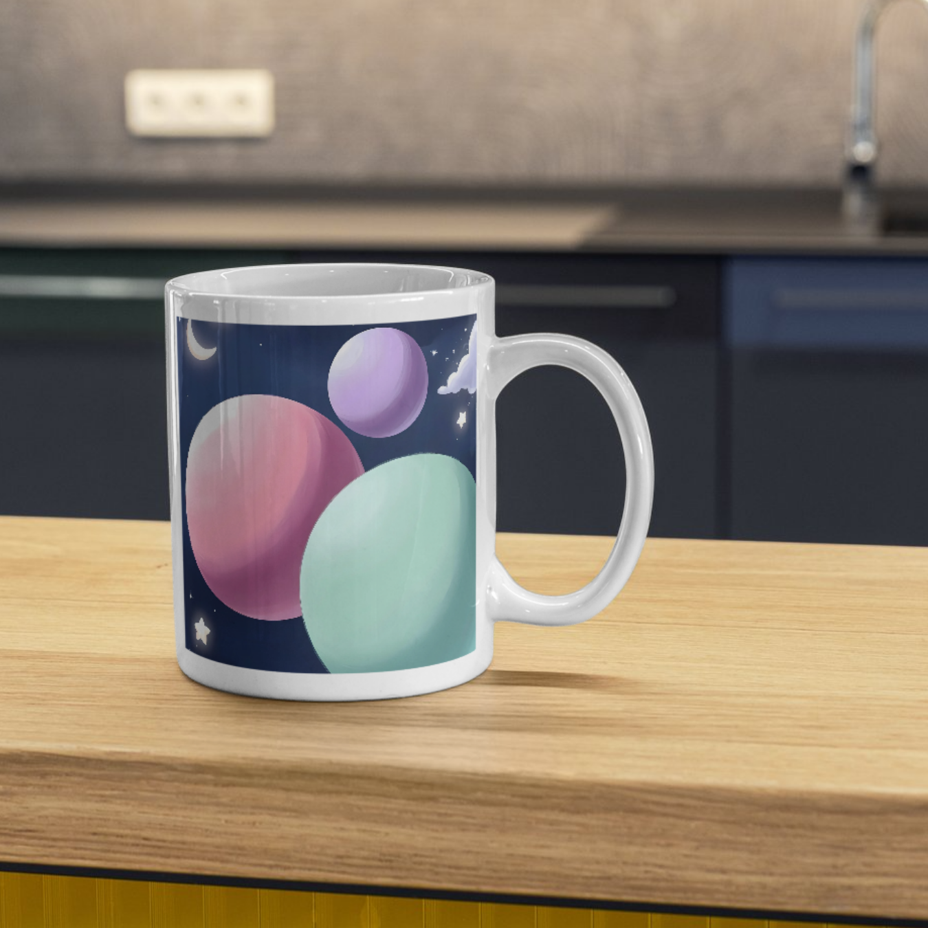 Floating Pastel Planets Design on a Dreamy Outer Space Mug - Pink, Lavender & Mint