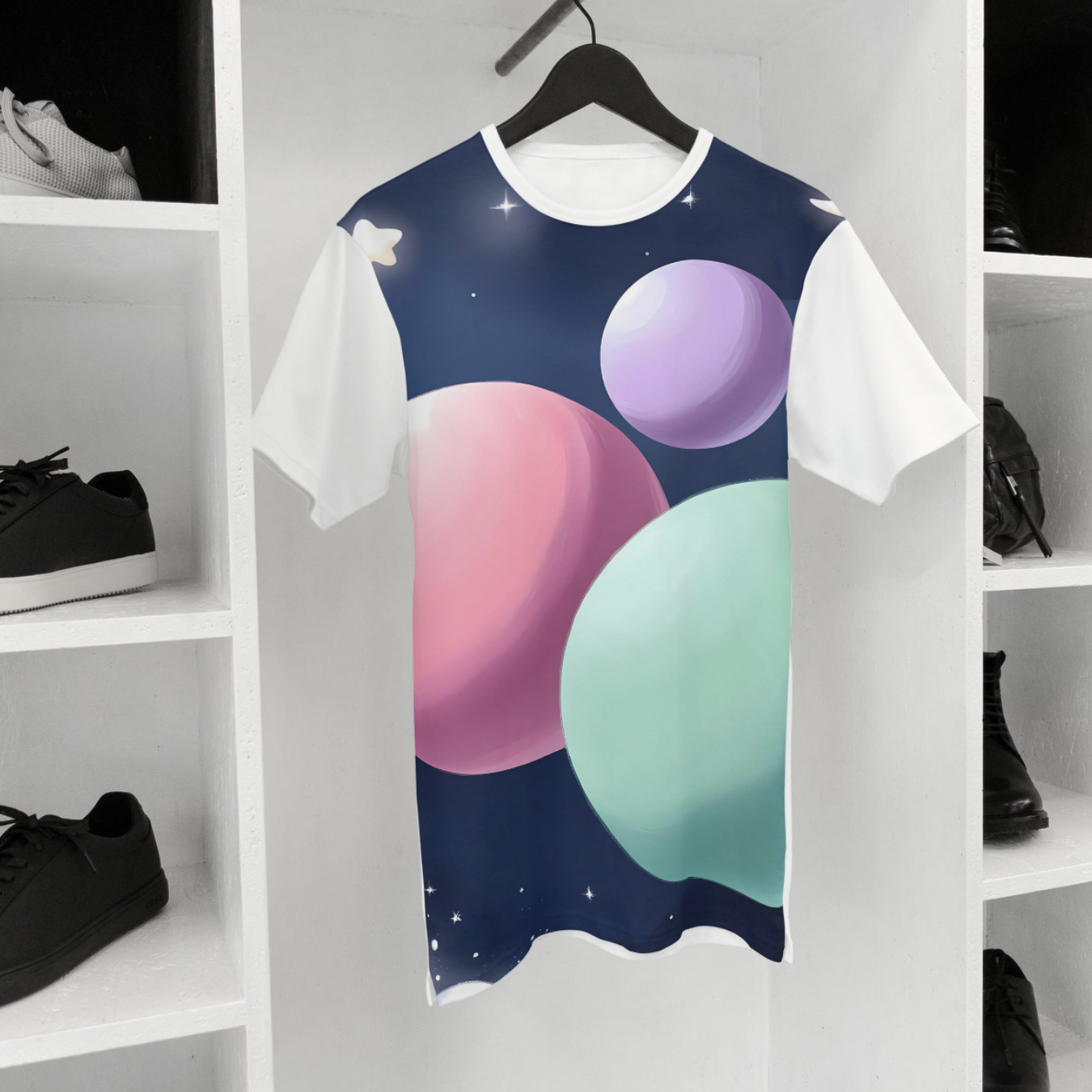 Pastel Floating Planets Shirt - Whimsical Cosmic Art Design