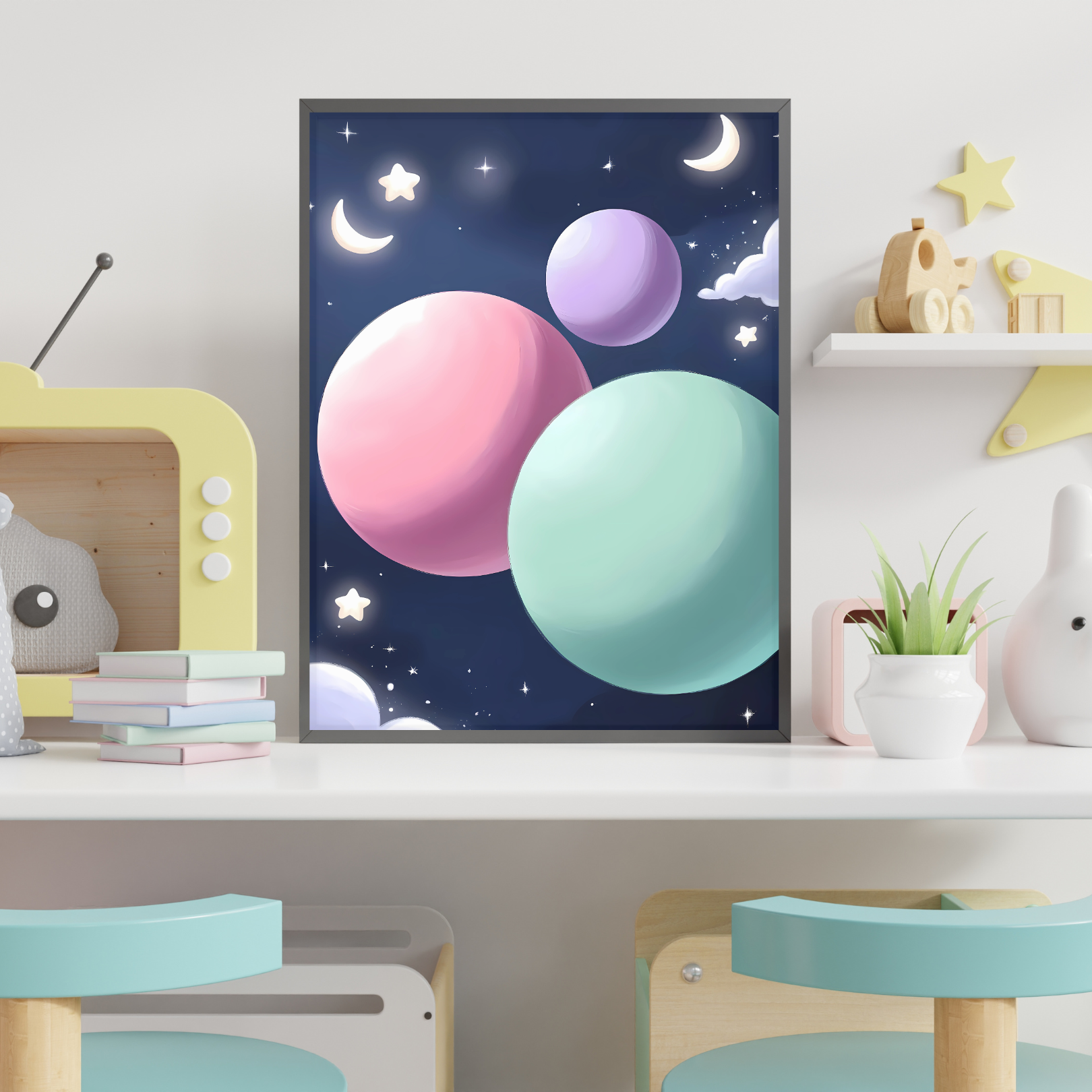 Floating Pastel Planets Vertical Canvas - Dreamy Outer Space Art Print