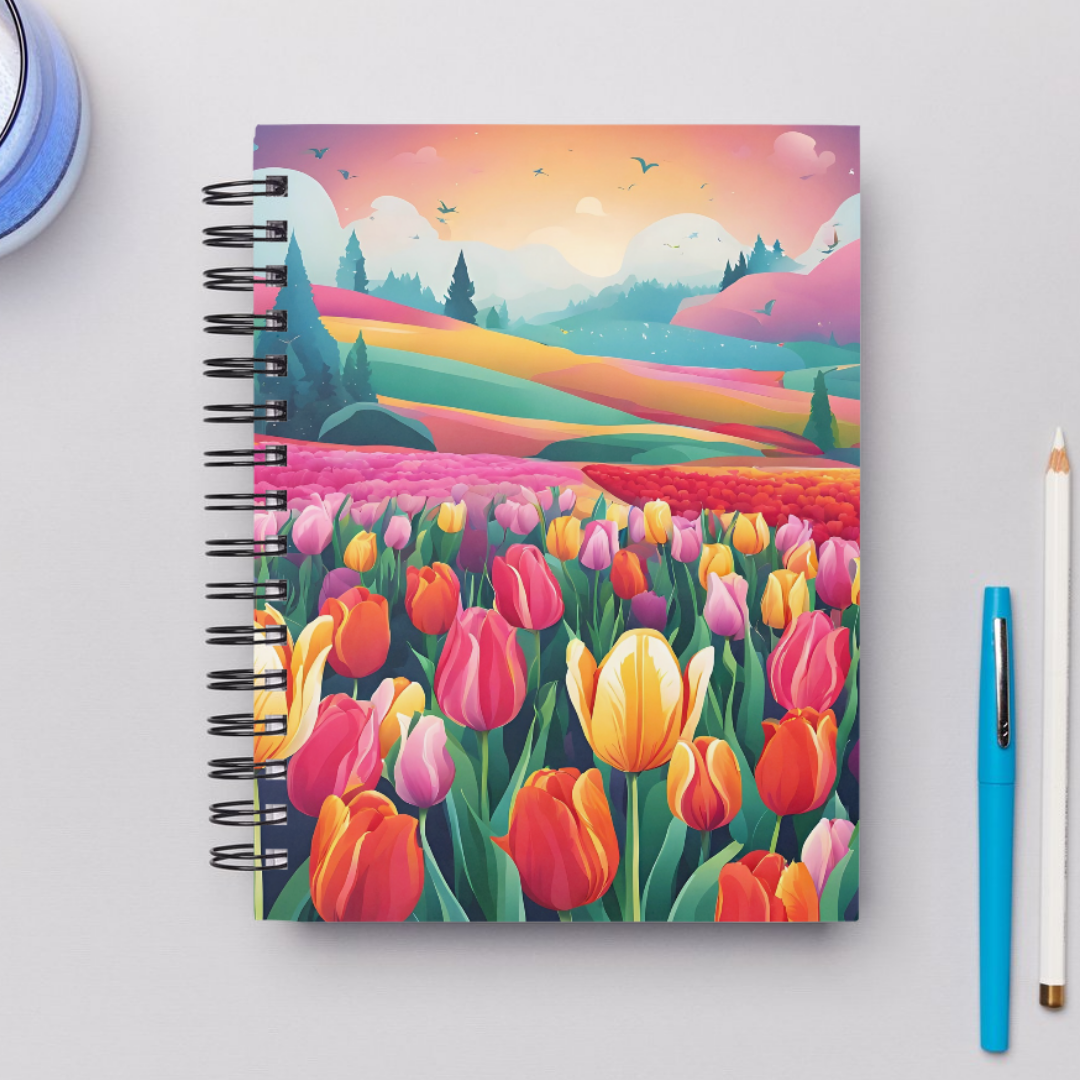 Floral countryside notebook with a peaceful spring landscape, ideal for journaling, sketching, and creative inspiration