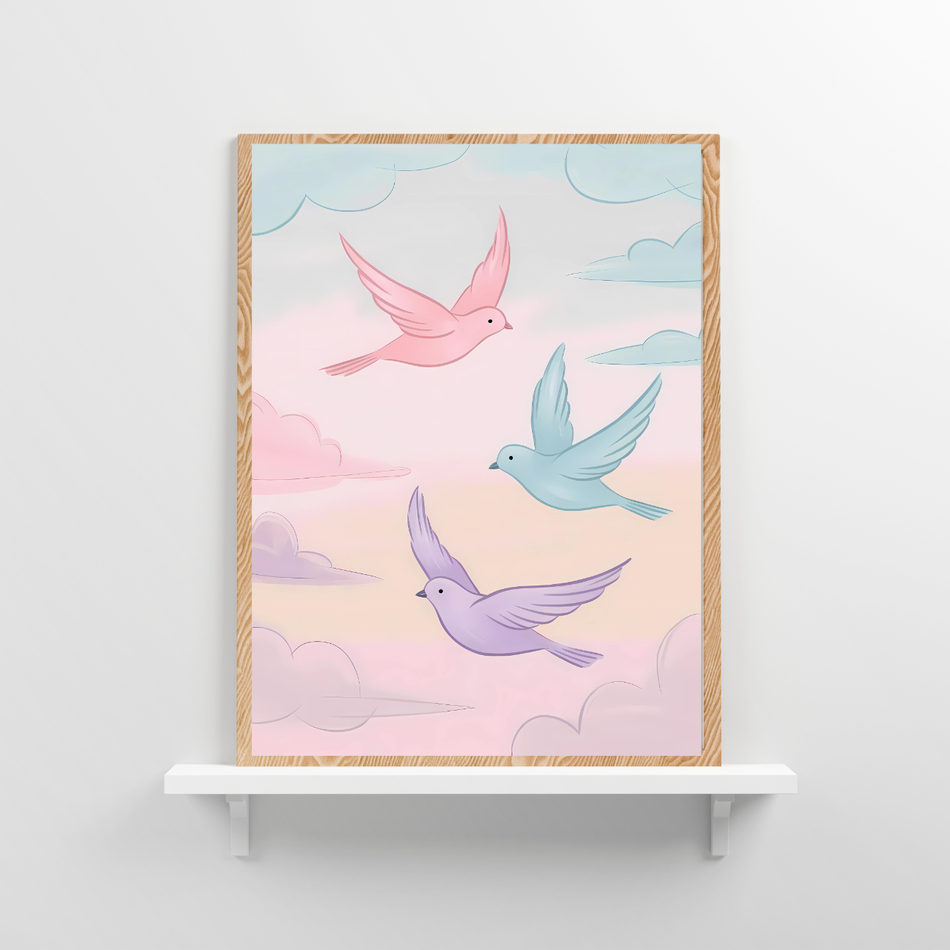 Vertical canvas featuring three birds soaring through a pastel sky, symbolizing freedom and joy