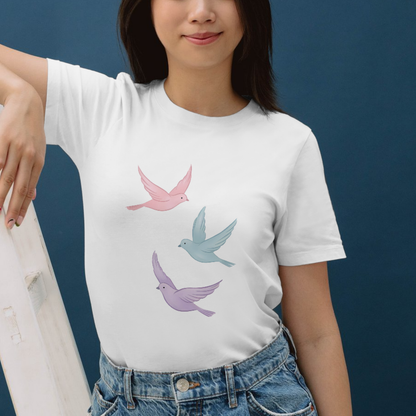 Soft pastel birds in flight on a t-shirt, symbolizing joy and freedom in your style