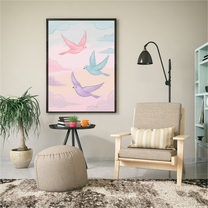 Pastel birds flying in the sky on a vertical canvas print, bringing a calming and uplifting touch to your space