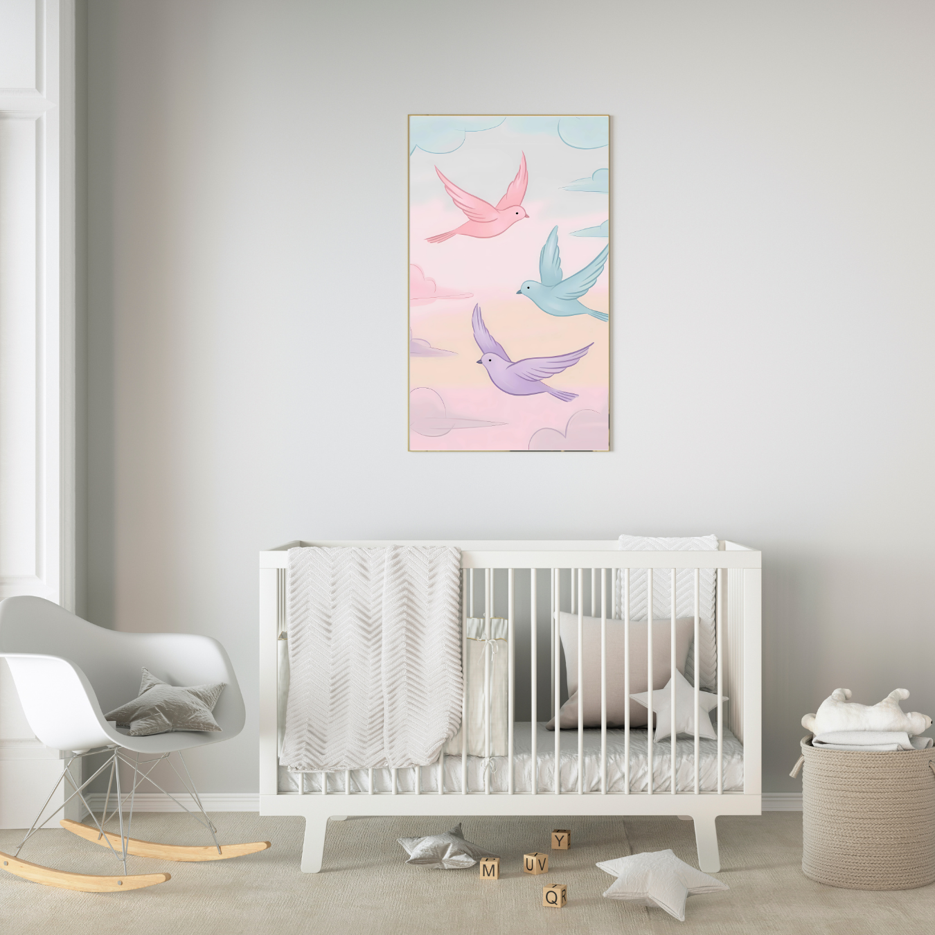 Wall canvas featuring graceful birds flying freely in a pastel sky, perfect for serene home decor