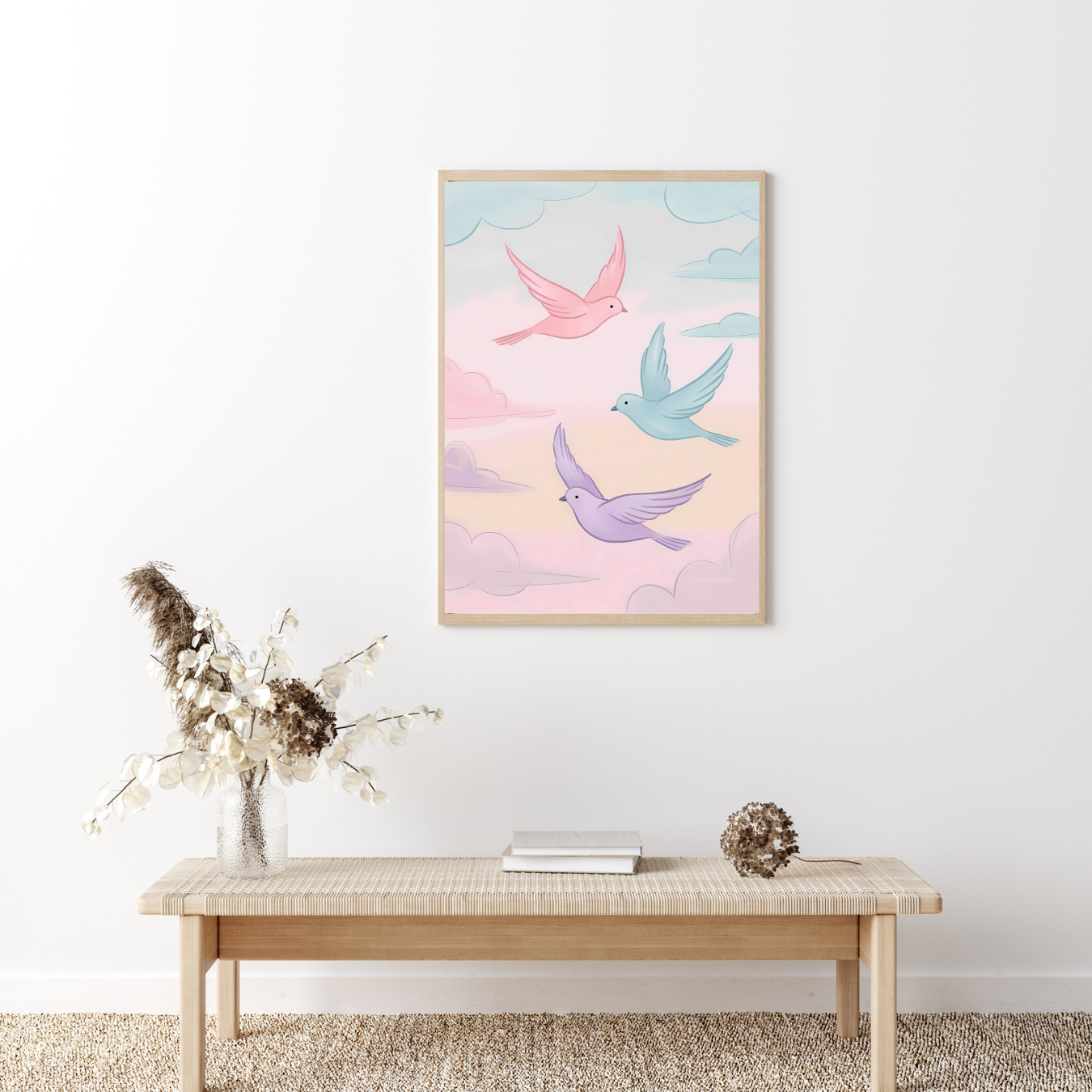 Peaceful landscape canvas with pastel-colored birds soaring in the sky, a symbol of freedom and joy