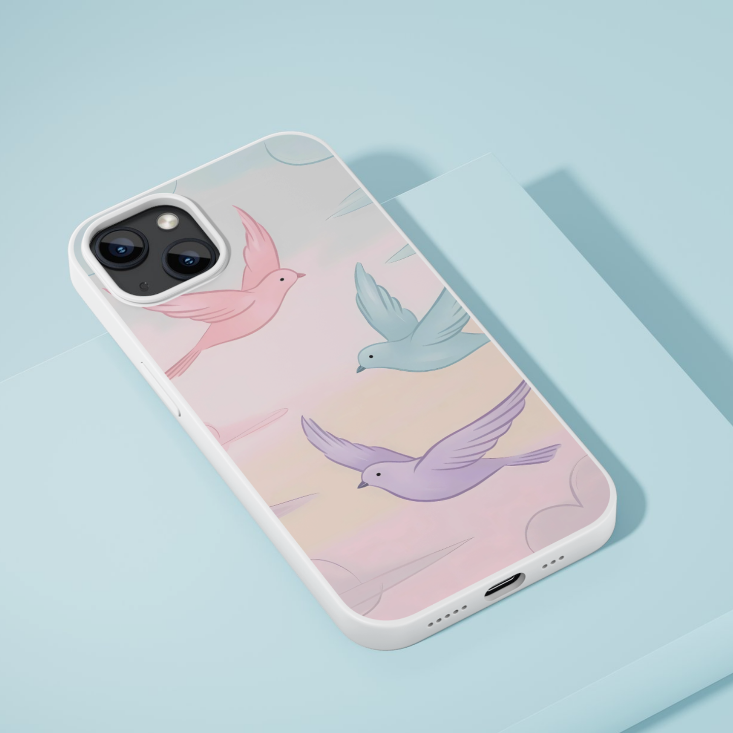 Pastel birds flying in the sky phone case design, adding a peaceful, free-spirited touch